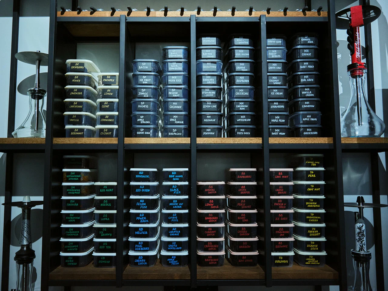 Tobacco shelf with hand-written labels